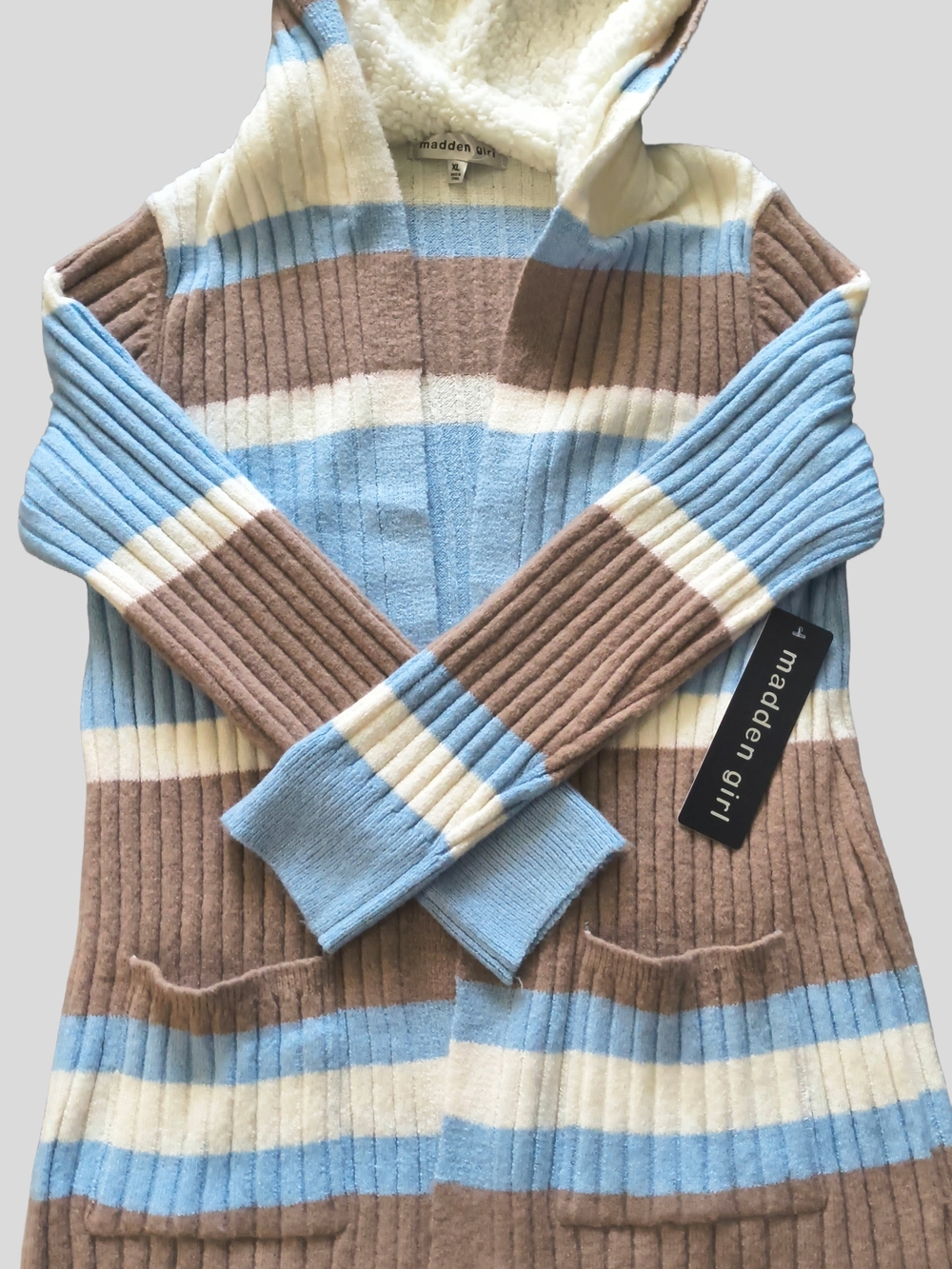 Madden Girl Hooded Ribbed Stripe Cardigan in Blue, Cream & Brown